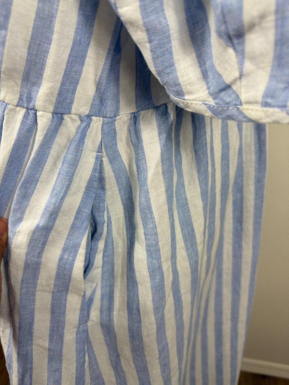 Everlane Linen Midi Dress Blue White Stripe Puff Sleeve Pockets L NWOT - Picture 9 of 16